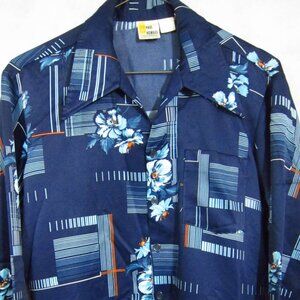 VTG '70s Paul Howard California Blue Poly Satin Disco Shirt Floral Big Collar L